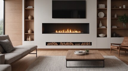 A beautiful living room with a fireplace interior design illustration, Modern home interior.