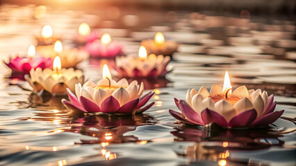 Serene Flat Vector Illustration of Loy Krathong Festival: Detailed Design of Floating Krathong with Banana Leaves and Flowers on Water