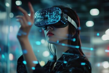 Young businesswoman wearing a virtual reality headset in a modern office, using holographic augmented mixed AR technology to view data.