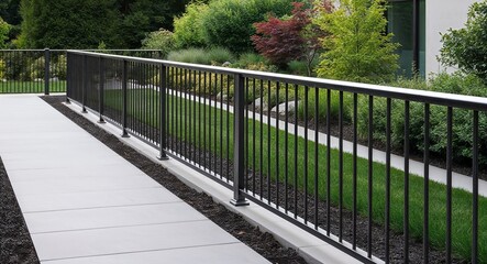 Fototapeta premium A sleek metal railing along the pathway in the garden