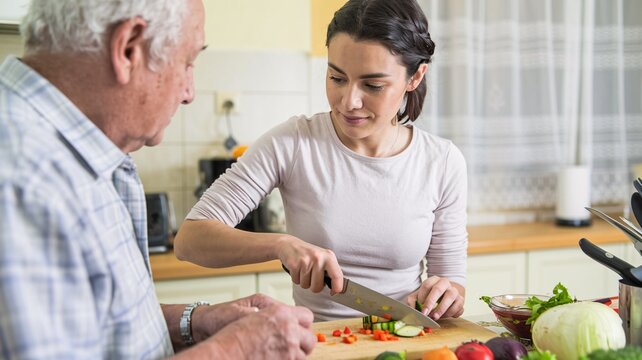 A close-up image of a young woman preparing a meal for an elderly man in a home kitchen, focusing on the food and the care involved.