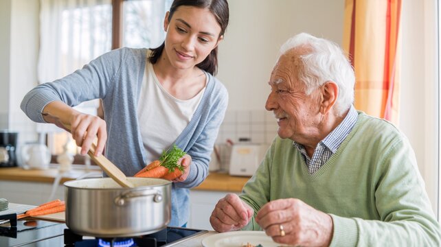 A close-up image of a young woman preparing a meal for an elderly man in a home kitchen, focusing on the food and the care involved.