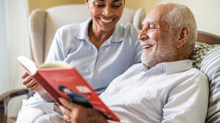 Obraz premium A close-up of a caregiver reading a book to an elderly man, focusing on the joy and connection between them.