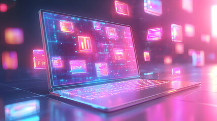 Obraz premium 3D Laptop with Holographic Compliance & Planning Icons on White Background - Close Up of Business Responsibility Concept for Strategic Planning