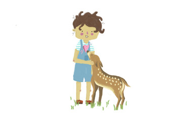 Obraz premium Illustration of young boy hugging a deer.