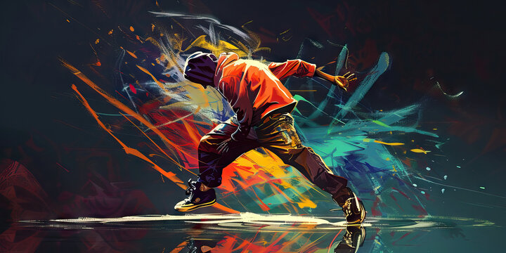 Dance (Breakdancing): A figure performing a breakdance move, symbolizing the popularity of breakdancing in the 1980s