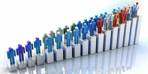 Fototapeta premium Ascending Voter Turnout Graph: Close-Up of 3D Bar Graph with People Icons Rising, Visualizing Increased Voter Participation on White Background
