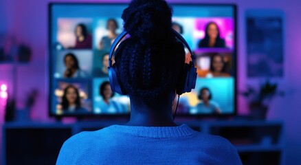 woman wearing headphones is seen from behind, watching her laptop screen with multiple people on the video call grid.