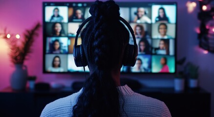 Obraz premium woman wearing headphones is seen from behind, watching her laptop screen with multiple people on the video call grid.