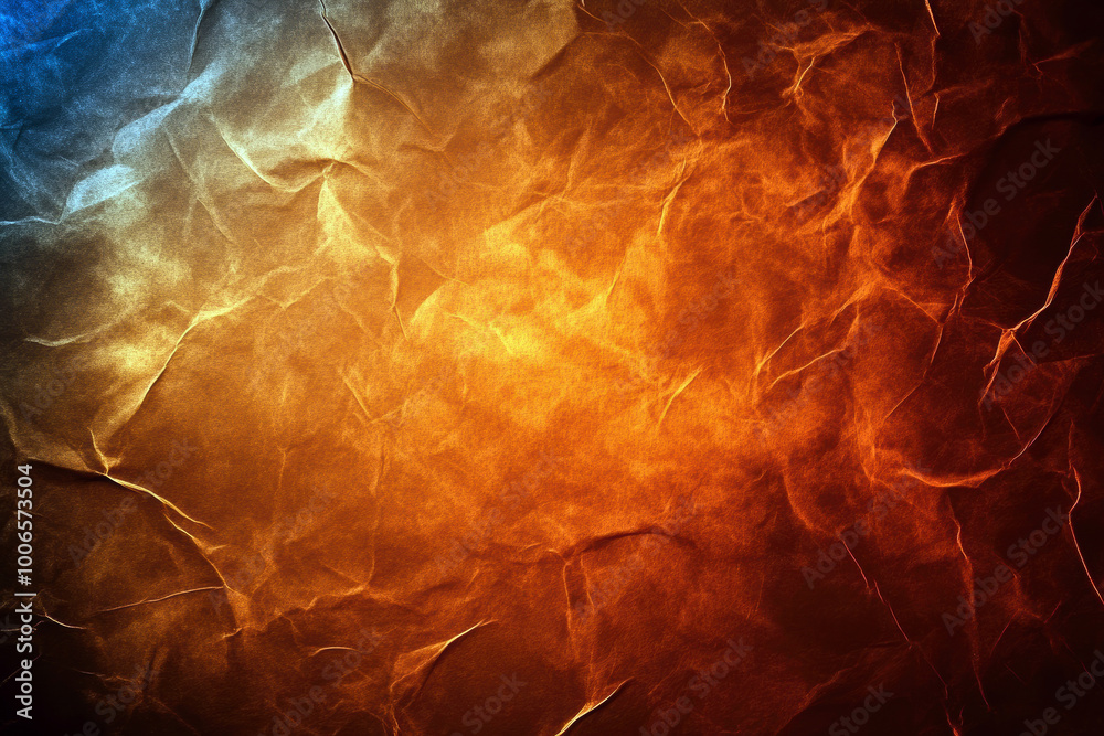 Poster a visually striking abstract image featuring a crumpled texture of warm orange and cool blue hues, c