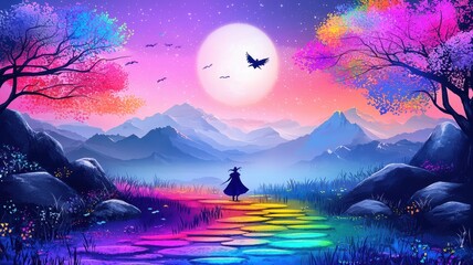 Fototapeta premium A colorful fantasy landscape with mountains, a figure, and a vibrant rainbow path.
