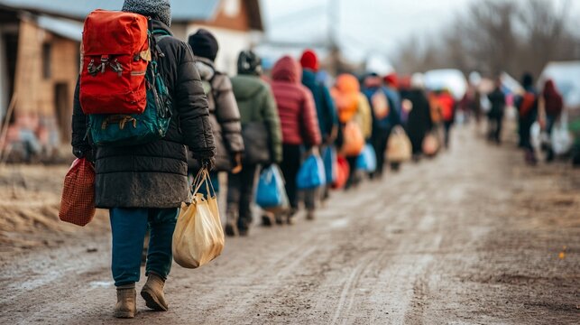 refugees walking along a dirt road