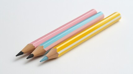 Fototapeta premium Three cute pencils with colorful stripes, arranged neatly on a white surface, ideal for illustrating organized creativity -