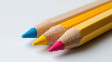 Three cute wooden pencils with colorful erasers, isolated on white, adding a touch of charm to office supplies