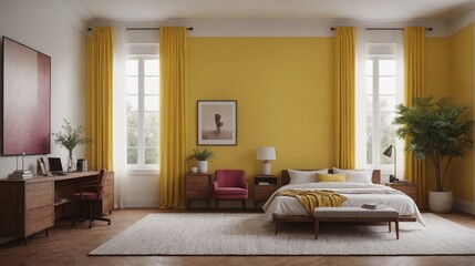 Luxury comfortable bedroom with yellow wall 3d illustration.