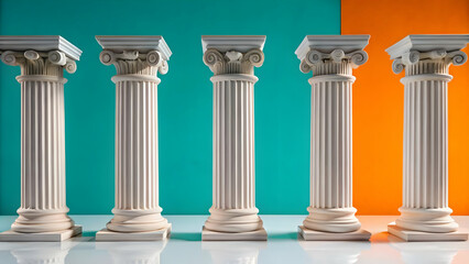 Floating Democratic Pillars: Wide Shot of Classical Pillars Representing Democracy Principles, Balanced in Formation, Engraved Details, Isolated Background