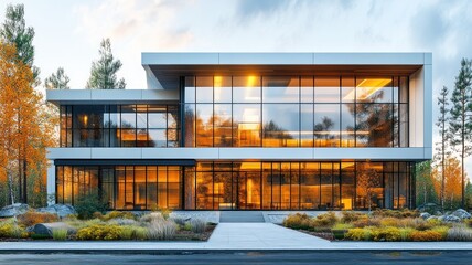 Modern glass-fronted house surrounded by autumn foliage.