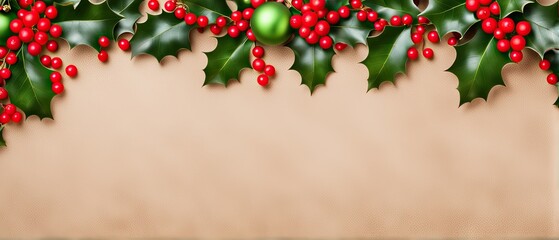 Christmas Holly Border on a Brown Background