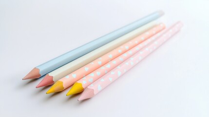 Fototapeta premium Three pastel-colored pencils with heart patterns, isolated on a white surface, showcasing a sweet and playful stationery theme