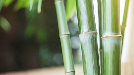 Obraz premium Bamboo shoots growing in a lush, tropical forest, with sunlight filtering through the canopy overhead.