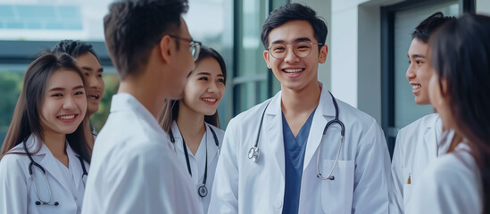 Fototapeta premium Medical Students Discussing. A group of medical students in white coats engage in a lively discussion, showcasing their collaborative learning and dedication to the field of medicine.