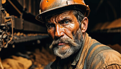Fototapeta premium Miner working and looking at camera