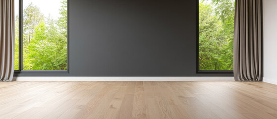 Elegant empty room, spacious design, large window allowing natural light, adorned with stylish curtains, inviting atmosphere, modern aesthetic.