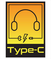 A badge, logo or sticker with the word type-c. Black and yellow. May indicate the type of charging for the headphones.