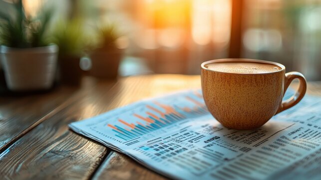 Hot drink cup on a wooden table, financial newspaper pages spread out, stock market graphs and numbers, early morning setting, soft lighting, digital illustration style