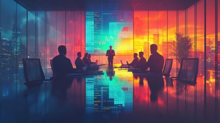 Business meeting room with financial charts on the table, adviser presenting to clients, professional atmosphere, collaboration and negotiation in progress, digital illustration