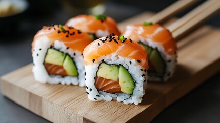 fresh sushi rolls with salmon and avocado