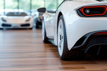 Obraz premium Luxury sports cars showcased in an upscale showroom, vibrant colors, sleek designs, inviting atmosphere, ideal for automotive enthusiasts.