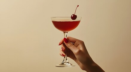 A woman is holding with her hand a cocktail glass filled with red soft drink with a cherry on a plain background. 1960s and 70s style