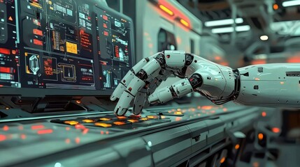 Naklejka premium Robotic arm automating business tasks, futuristic workspace, flat design illustration