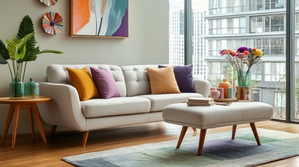 Modern mid-century style living room, with a light gray textured sofa and ottoman covered in soft fabric in various colors, looks elegant and luxurious