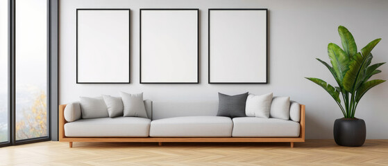 Modern living room with empty poster spaces, wooden flooring, stylish furniture, showcasing contemporary design elements and aesthetic appeal