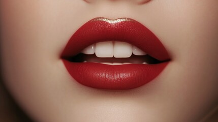 Fototapeta premium A close-up of the lipstick in front, a pair of red lips with gold edges and a slightly open mouth showing white teeth and clean skin against a light background