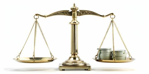 Wide Shot of Scales of Justice Frame with Ballot Weighing More Than Money, Emphasizing Electoral Integrity with Copy Space on White Background