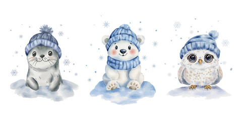 Winter watercolour cute animals collection. Watercolour seal, polar bear and owl in a blue hat. Vector set of winter characters for children's room decor.