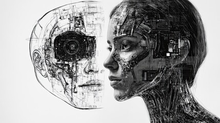 Fototapeta premium A captivating fusion of human and machine elements, showcasing a cyborg's intricate design against a minimalist backdrop