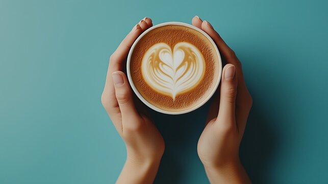 A person holding out their hands, with one hand gently cradling the cup of coffee and latte art in the shape of a heart on top