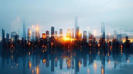 Fototapeta premium Futuristic Cityscape with Tall Skyscrapers at Sunset