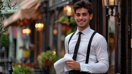 Fototapeta premium Smiling Waiter Outside Restaurant