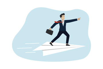 Business leadership, towards business success, businessman riding a paper plane to achieve the goal. Business vector illustration.