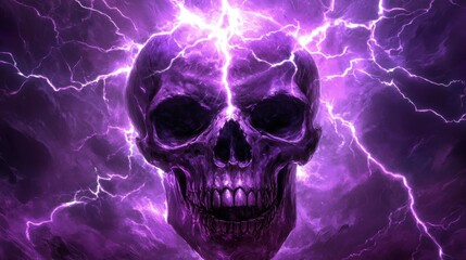 Fototapeta premium Haunted purple skull with electric lightning strikes in the background, creating an eerie, electrifying wallpaper