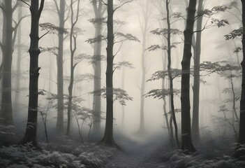 Obraz premium A lush, dense forest with tall trees, vines, and a misty, mysterious atmosphere