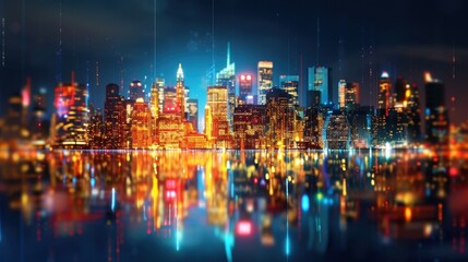 Obraz premium Vibrant Cityscape at Night with Reflections