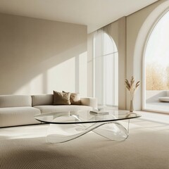 Minimalist Living Room with Elegant Curved Glass Coffee Table