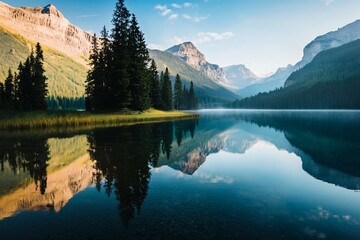 Scenic Mountain Lake with Pine Forest and Reflections of Rocky Peaks
