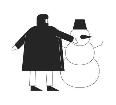 recommend clip art: Puffer jacket person building snowman black and white 2D line character. Wintertime outdoor activity fun. Winter outerwear adult isolated vector outline person. Monochromatic spot illustration